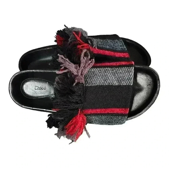 Chloe Slide Sandal Kerenn Kilim Black Gray Red 5 Leather Striped Fringe 35 - Picture 8 of 10